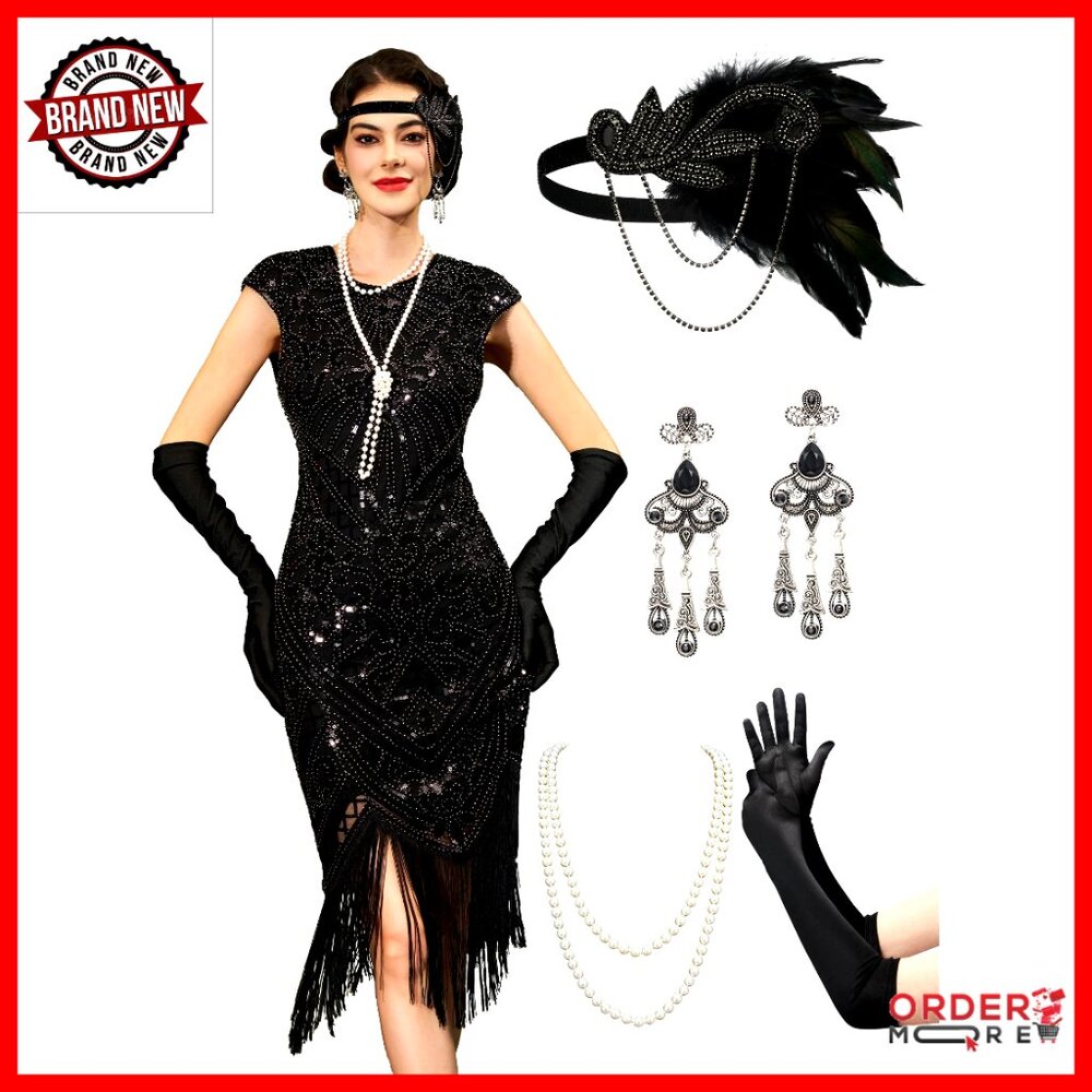 Sequin Flapper Dress With Accessories Set For Gatsby Parties